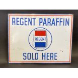A Regent Paraffin Sold Here rectangular double sided enamel sign with hanging flange, 18 x 14".