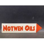 A double sided Notwen Oils directional advertising card sign, 14 3/4 x 3 1/2".