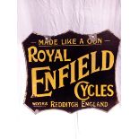 A Royal Enfield Cycles double sided enamel sign, restored on both sides, 21 x 18".