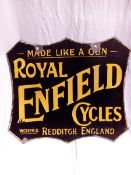 A Royal Enfield Cycles double sided enamel sign, restored on both sides, 21 x 18".