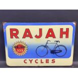 A Rajah Cycles pictorial enamel sign in good condition, two spots retouched, 28 1/2 x 19".