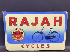 A Rajah Cycles pictorial enamel sign in good condition, two spots retouched, 28 1/2 x 19".