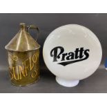 A modern plastic globe bearing Pratts lettering plus a conical can with painted design advertising