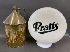 A modern plastic globe bearing Pratts lettering plus a conical can with painted design advertising