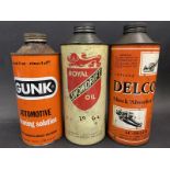 Three cylindrical quart cans including Royal Snowdrift Oil.