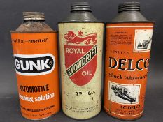 Three cylindrical quart cans including Royal Snowdrift Oil.