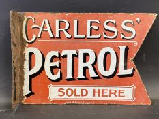 A Carless' Petrol Sold Here double sided enamel sign with hanging flange by Patent Enamel, 17 3/4