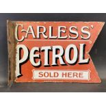 A Carless' Petrol Sold Here double sided enamel sign with hanging flange by Patent Enamel, 17 3/4