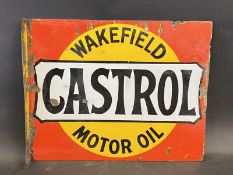 A Wakefield Castrol Motor Oil double sided enamel sign with hanging flange by Bruton of Palmers