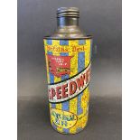 A Speedwell Motor Oil cylindrical quart can.