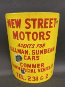 A curved enamel sign for a post or similar advertising 'New Street Motors' agents for Hillman,