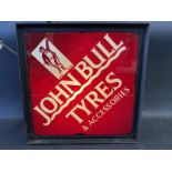 A John Bull Tyres and Accessories lozenge shaped double sided hanging lightbox, one side in