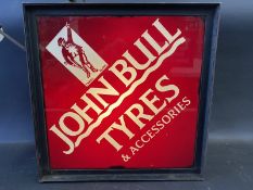 A John Bull Tyres and Accessories lozenge shaped double sided hanging lightbox, one side in