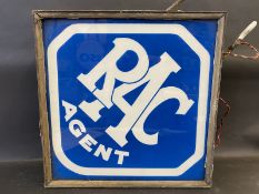 An RAC Agent lozenge shaped double sided illuminated lightbox in good condition, 29 1/4 x 29 1/4" (