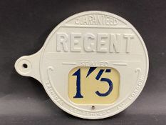An early and original Regent circular petrol pump price tag, repainted, 7" diameter.