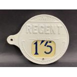 An early and original Regent circular petrol pump price tag, repainted, 7" diameter.