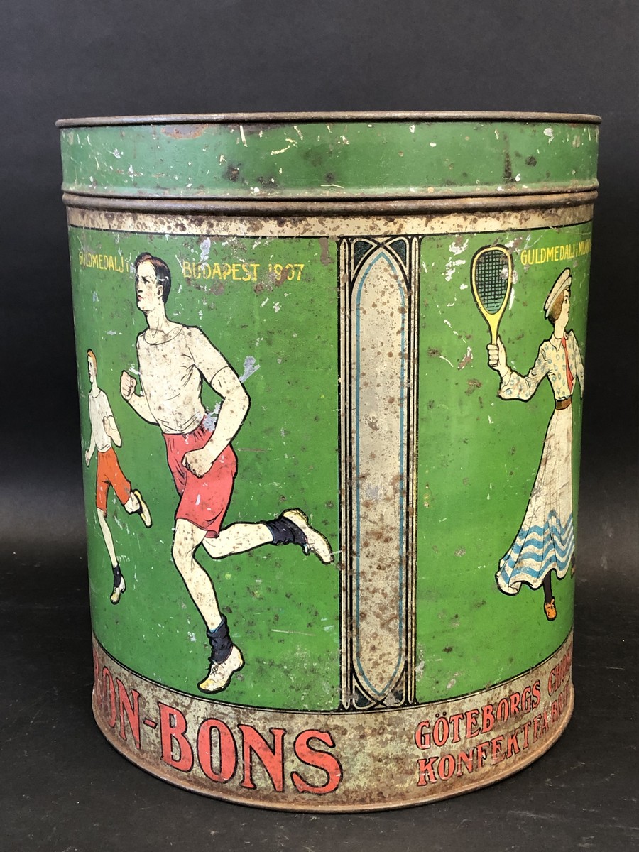 A large Continental cylindrical bonbon tin, illustrated all round with sporting teams plus an - Image 2 of 5