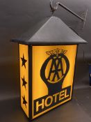 An AA Hotel hanging lantern-style lightbox of plastic construction on a hanging bracket, lightbox