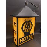 An AA Hotel hanging lantern-style lightbox of plastic construction on a hanging bracket, lightbox