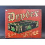 A Drydex Dry Battery double sided tin advertising sign with hanging flange, 17 x 13 1/4".