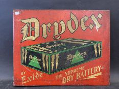 A Drydex Dry Battery double sided tin advertising sign with hanging flange, 17 x 13 1/4".