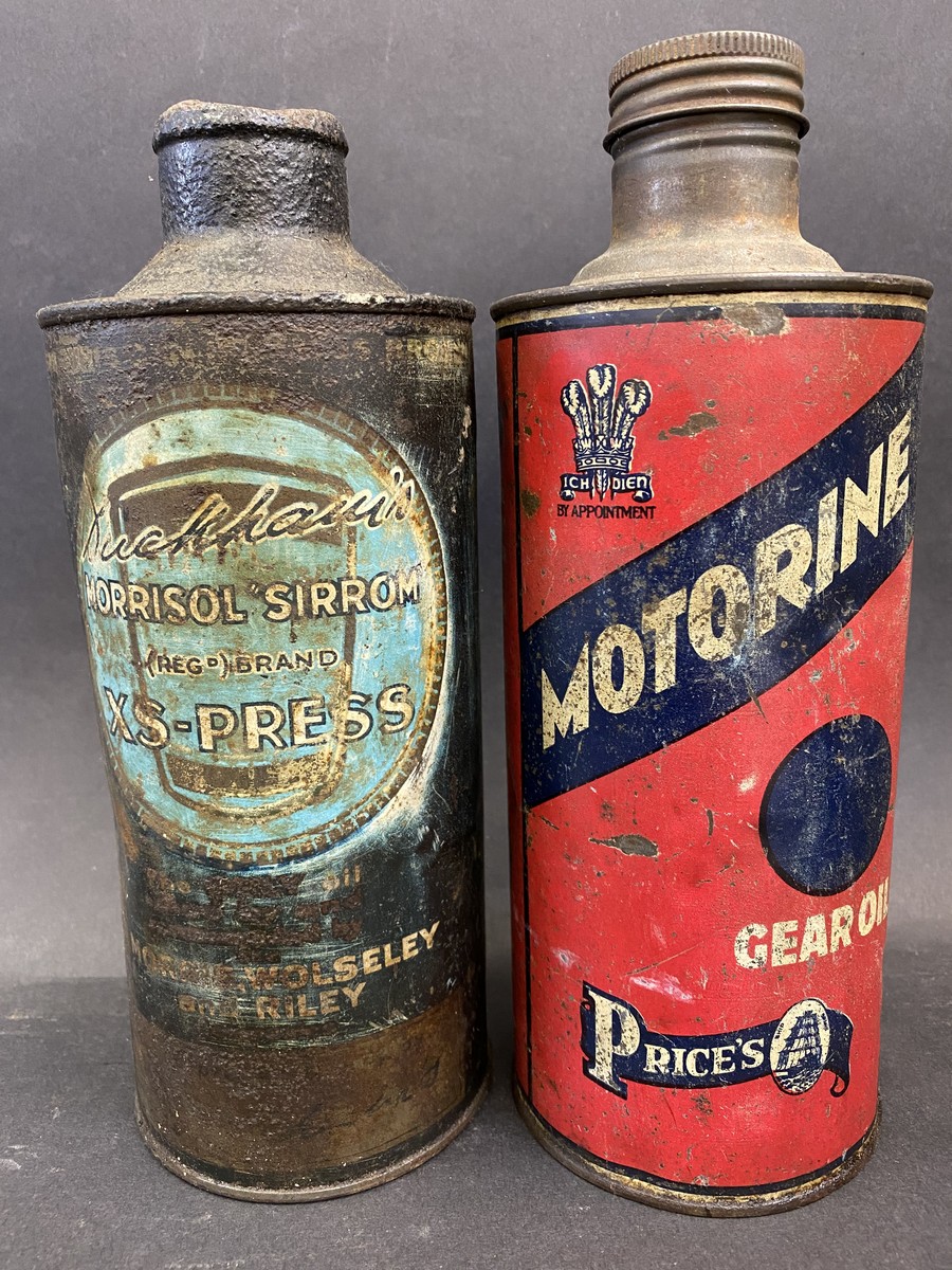 A Duckham's Morrisol Sirrom XS-Pres cylindrical quart can plus a Price's Motorine Oil quart can.