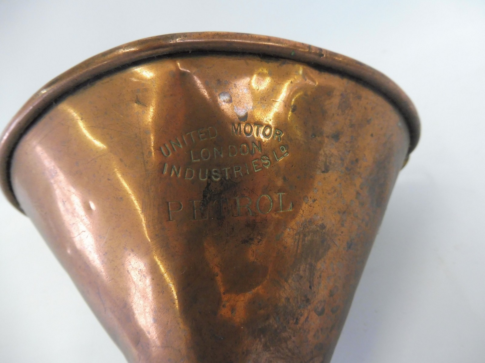 A United Motor Industries Ltd. of London copper funnel, stamped 'Petrol'. - Image 3 of 3