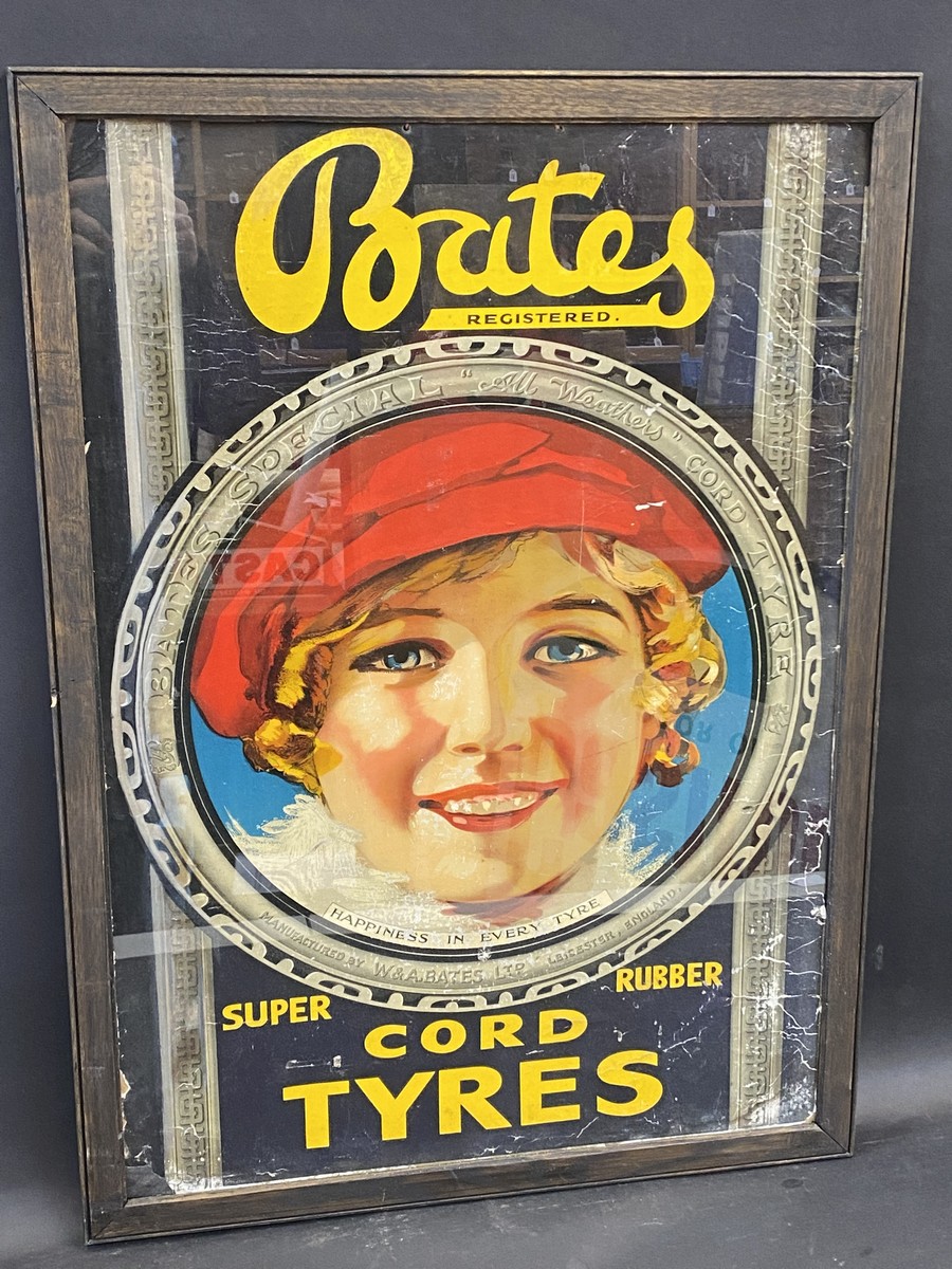 A rare Bates Cord Tyres pictorial showcard of great colour, framed and glazed, 22 x 31".