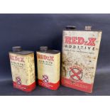 A Redex gallon can and two Redex quart cans.