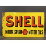 A Shell Motor Spirit/Motor Oils double sided enamel sign with hanging flange, 24 x 15".