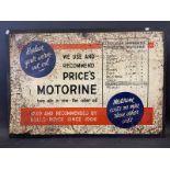 An early Price's Motorine rectangular tin advertising sign depicting the different marques of car