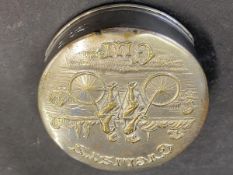 A silver plated travelling 'Cyclists' beaker, with well-detailed decoration depicting a lady and a