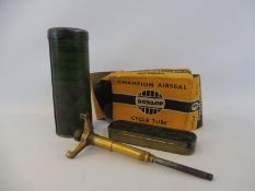 A Castrolease Junior grease gun canister with brass attachment, a Halford repair outfit tin plus a