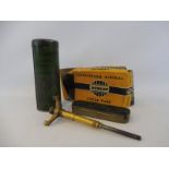 A Castrolease Junior grease gun canister with brass attachment, a Halford repair outfit tin plus a