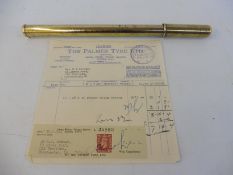 A rare Palmer Tyre branded brass bicycle pump plus a Palmer Tyre Ltd piece of headed paper dated