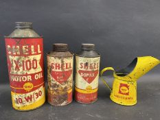 A Shell X-100 Motor Oil quart can, two Shell pint cans and a Shell half pint measure.
