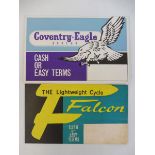 Two advertising price card signs for Falcon and Coventry Eagle cycles.