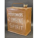 A rare Motor Owners' Combine Spirit two gallon petrol can, dated July 1922.