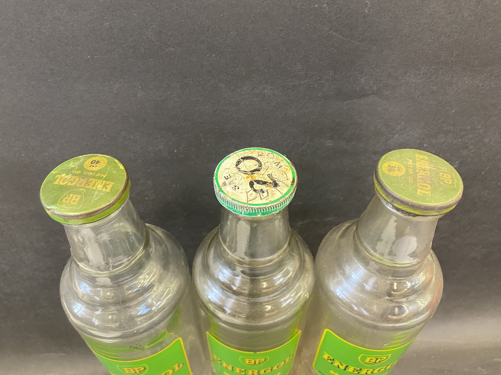 Three BP Energol Motor Oil quart glass bottles with caps. - Image 2 of 2