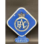 An RAC lozenge shaped double sided enamel sign plus a 'Get-You-Home Service' double sided