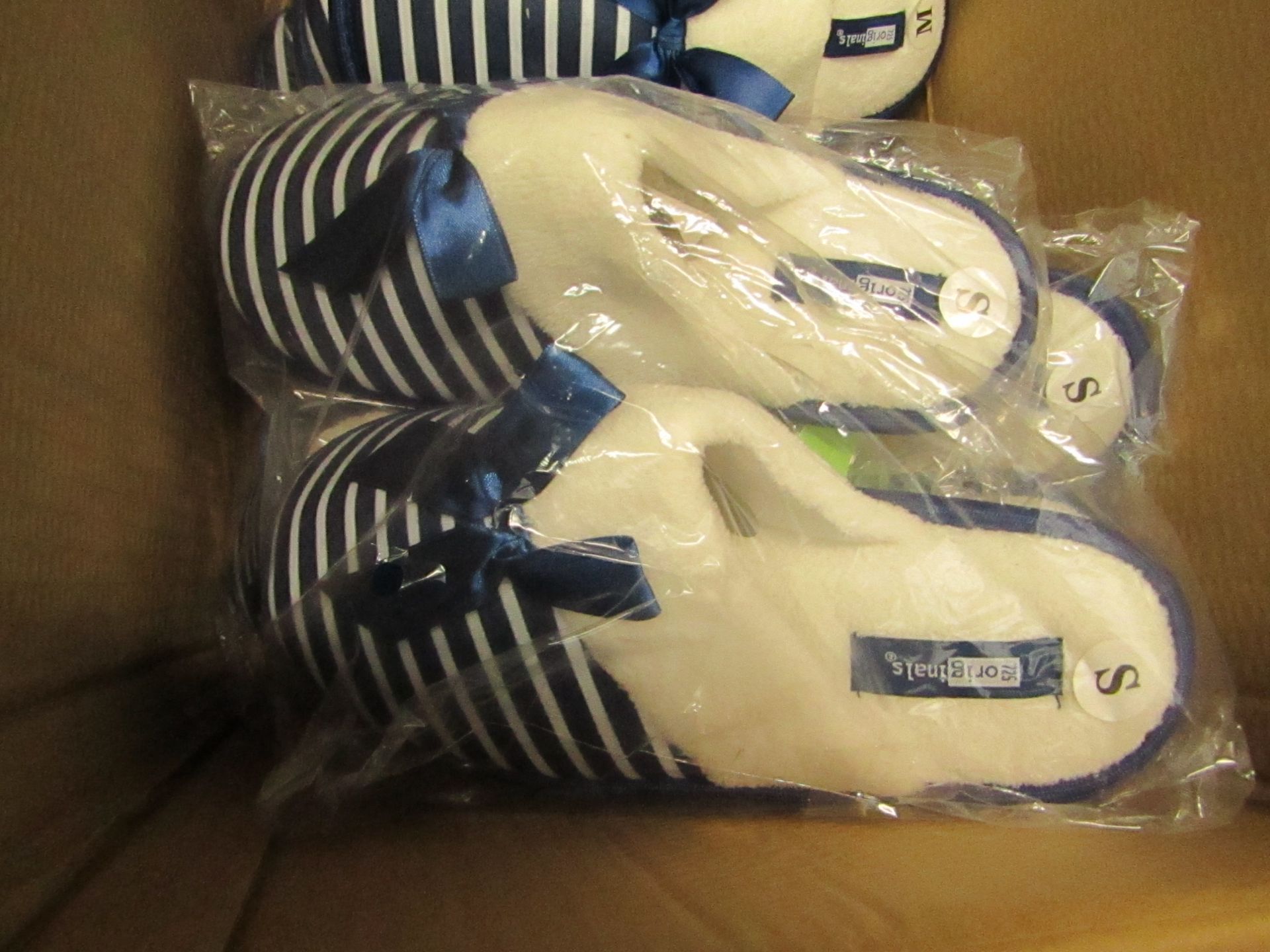 3X Pairs of slippers - Blue&White with little blue bow. Side S, all new and packaged.