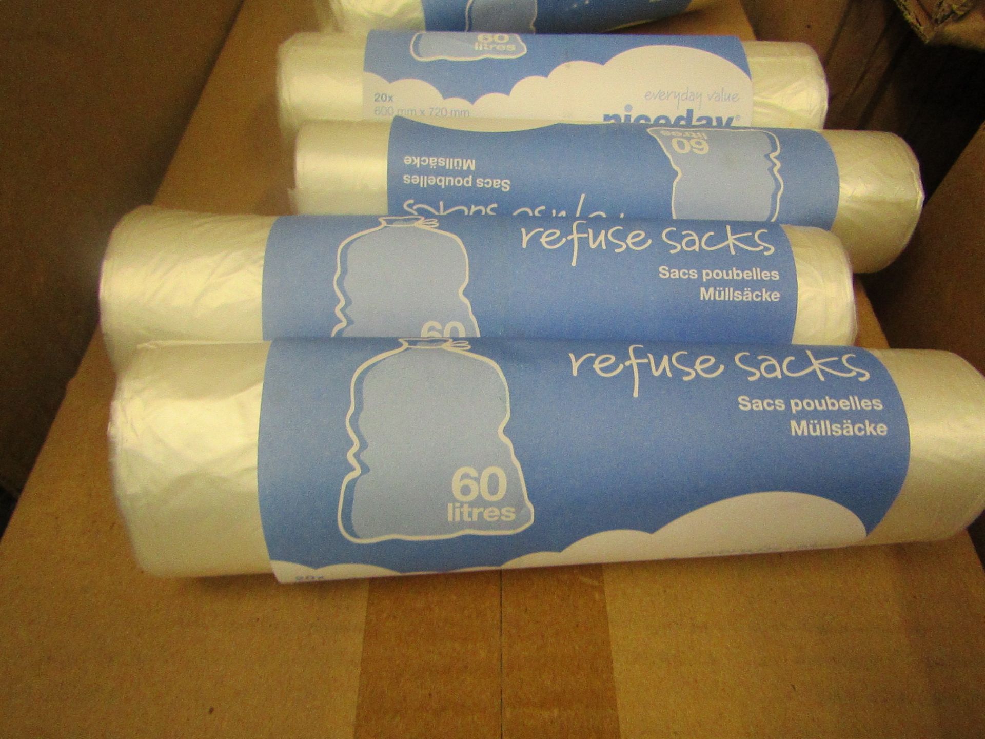 10 X packs Niceday - 20 x 60L per pack refuse sacks (600X720MM) all new and packaged.