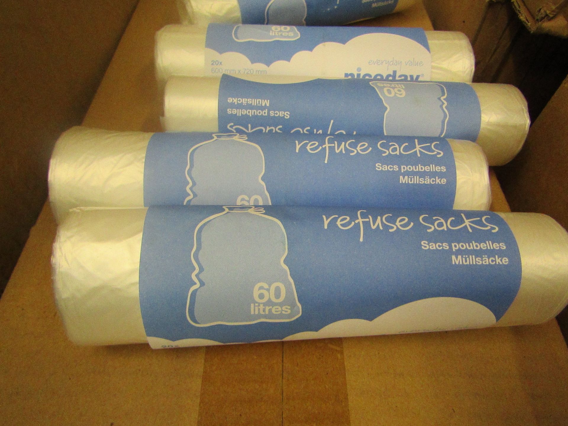 10 X packs Niceday - 20 x 60L per pack refuse sacks (600X720MM) all new and packaged.