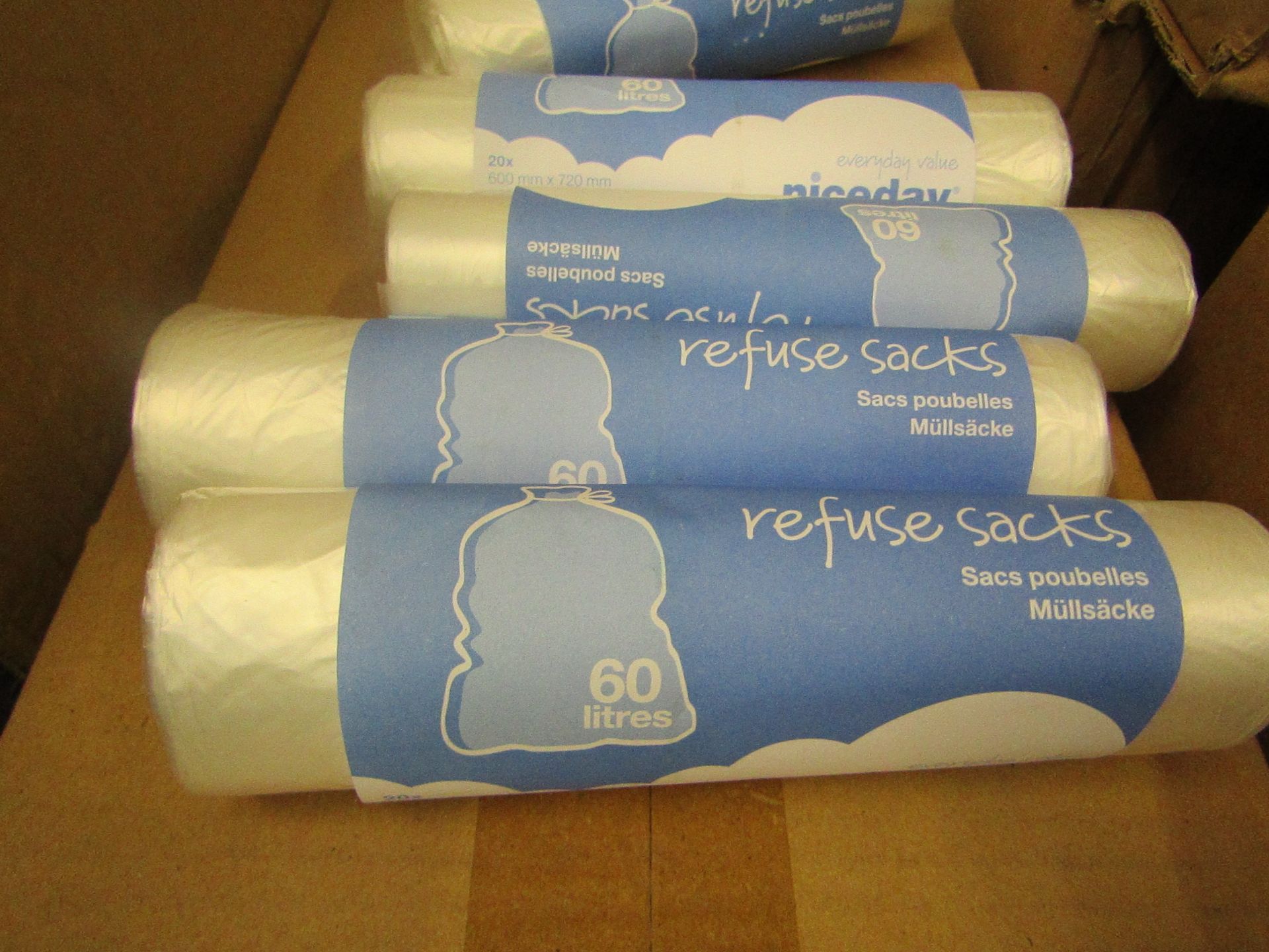10 X packs Niceday - 20 x 60L per pack refuse sacks (600X720MM) all new and packaged.
