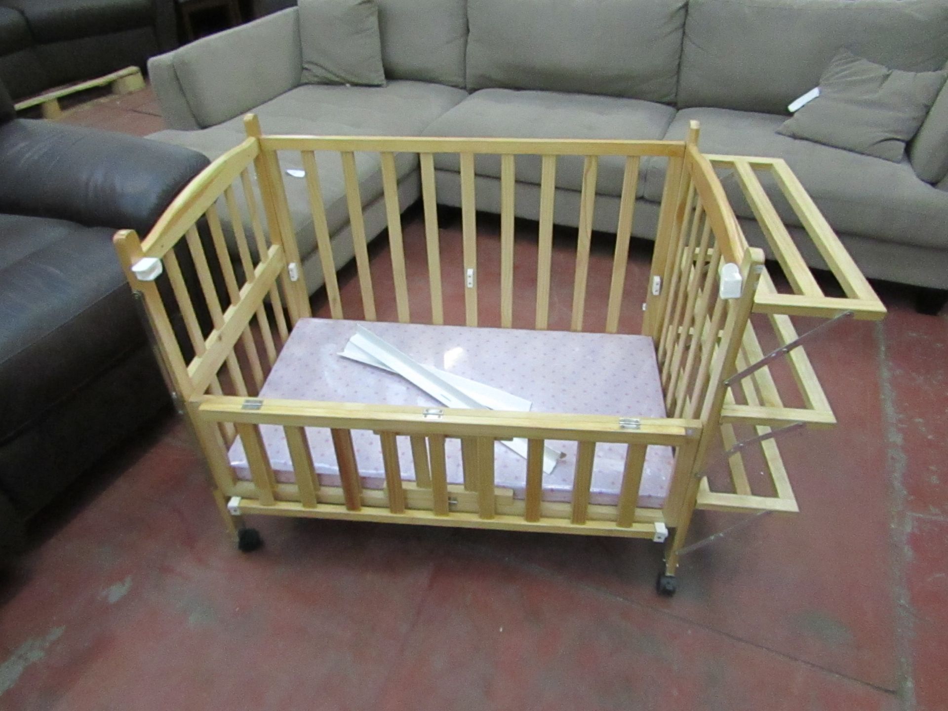 Wooden Cot with Pink Mattress, new and boxed
