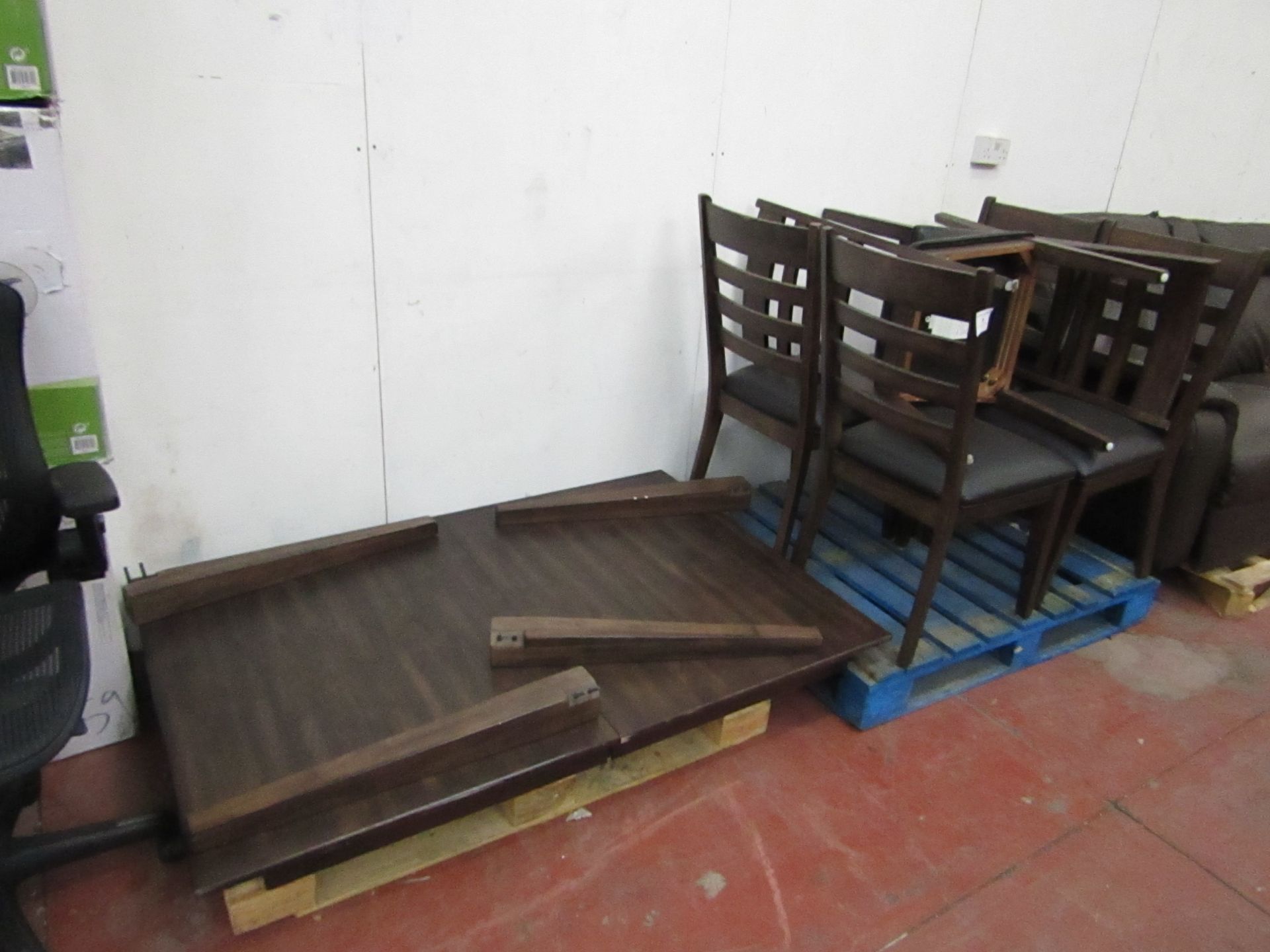 7 piece Dining Set, Complete apart from bolts for legs, The are a few scuffs but no major damage.