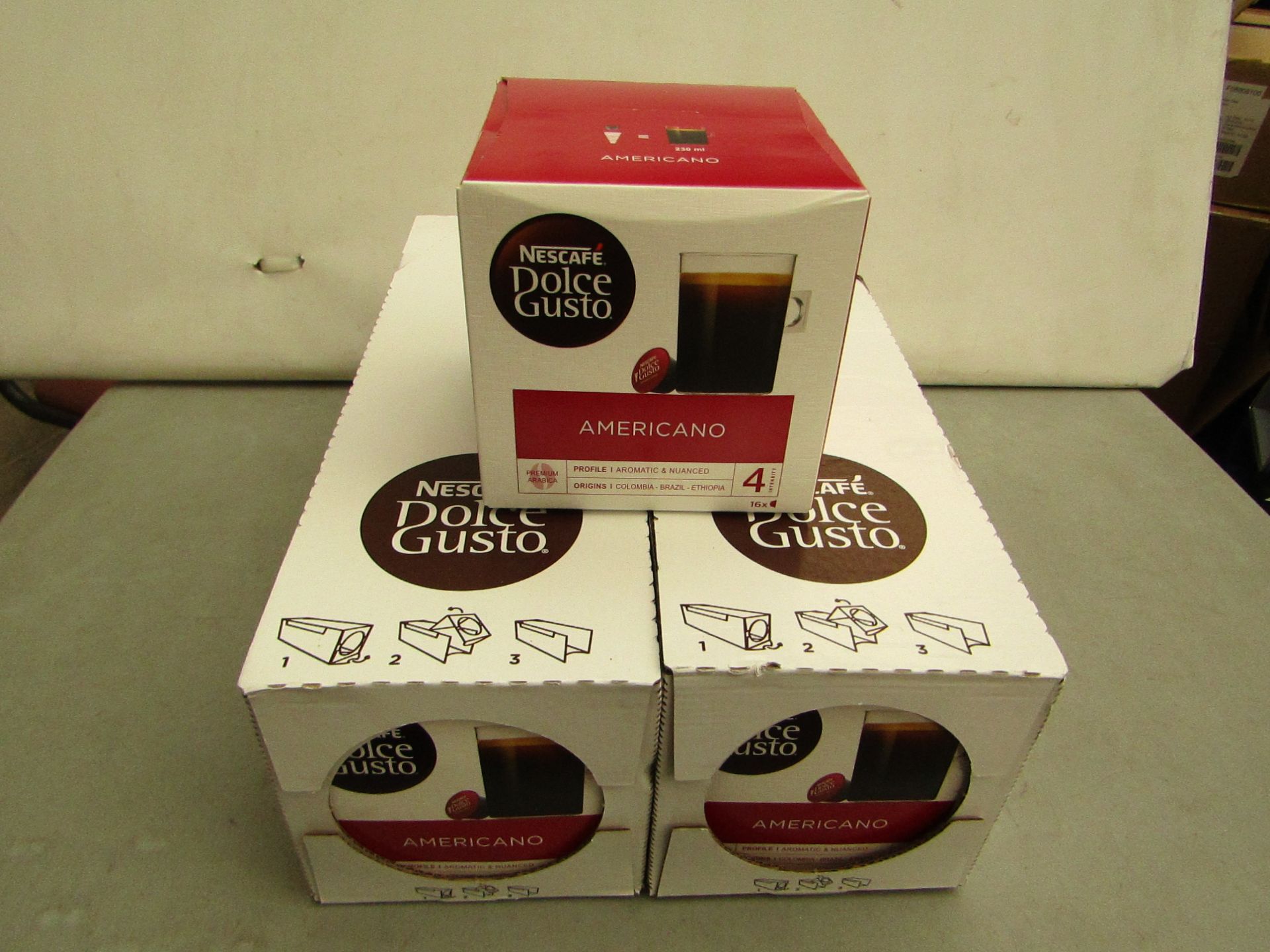 2x Boxes of Nescafe Dolce Gusto Americano Pods. BB 31/10/19 - 16 capsules per box.
