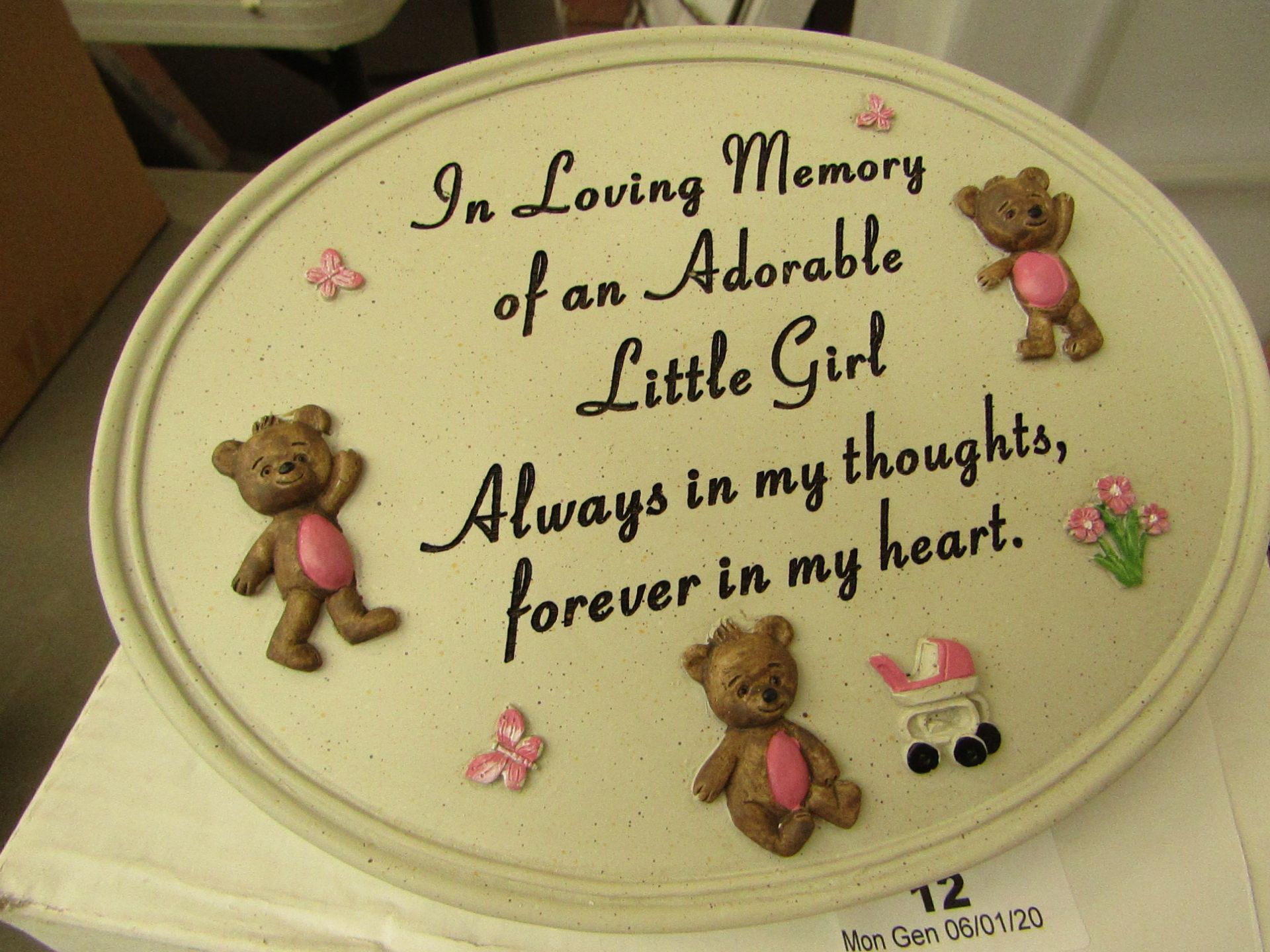 Memorial Plaque - 'In loving memory of adorable little Girl' New and boxed.