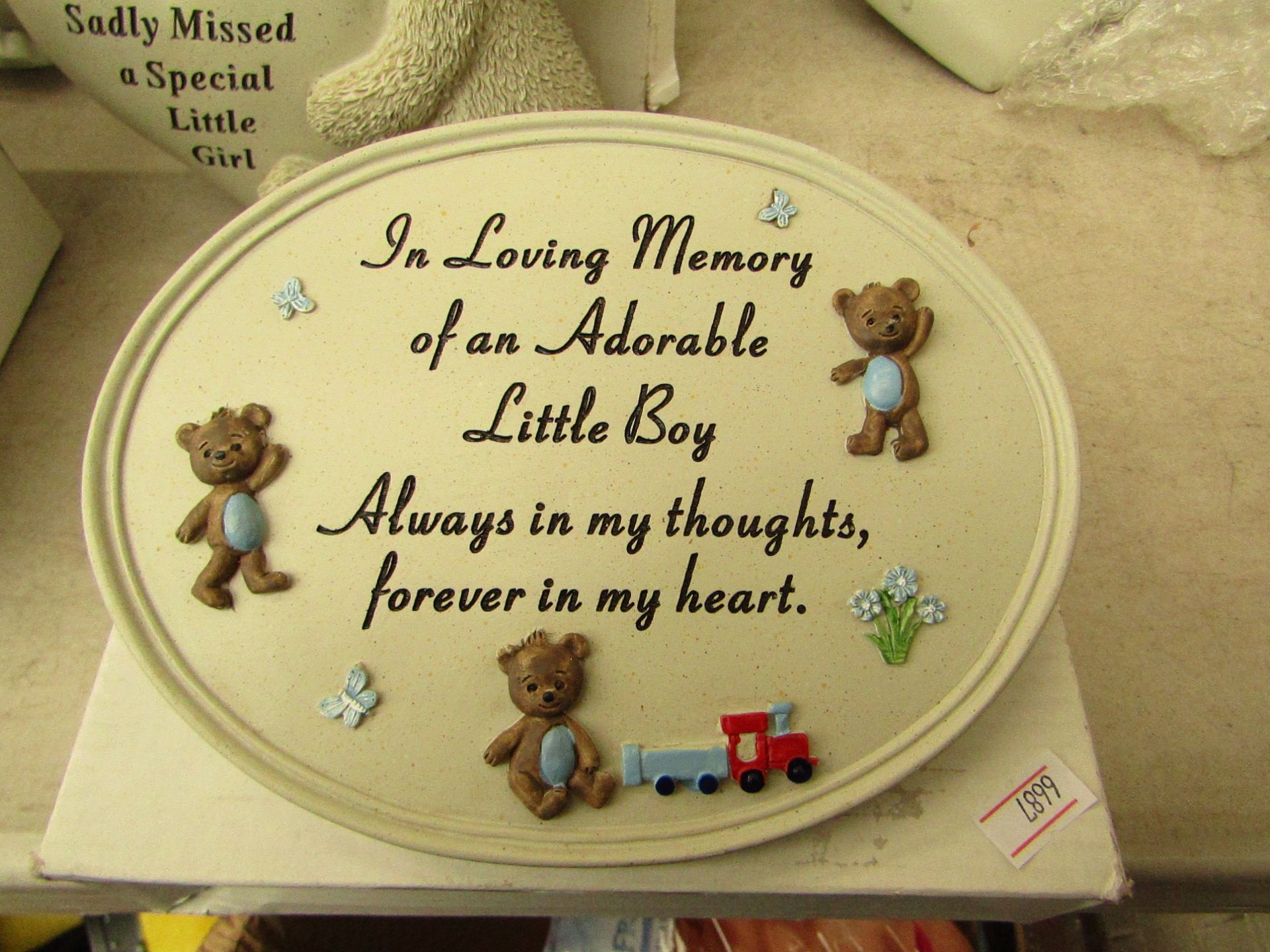 Memorial Plaque - 'In loving memory of adorable little boy' New and boxed.