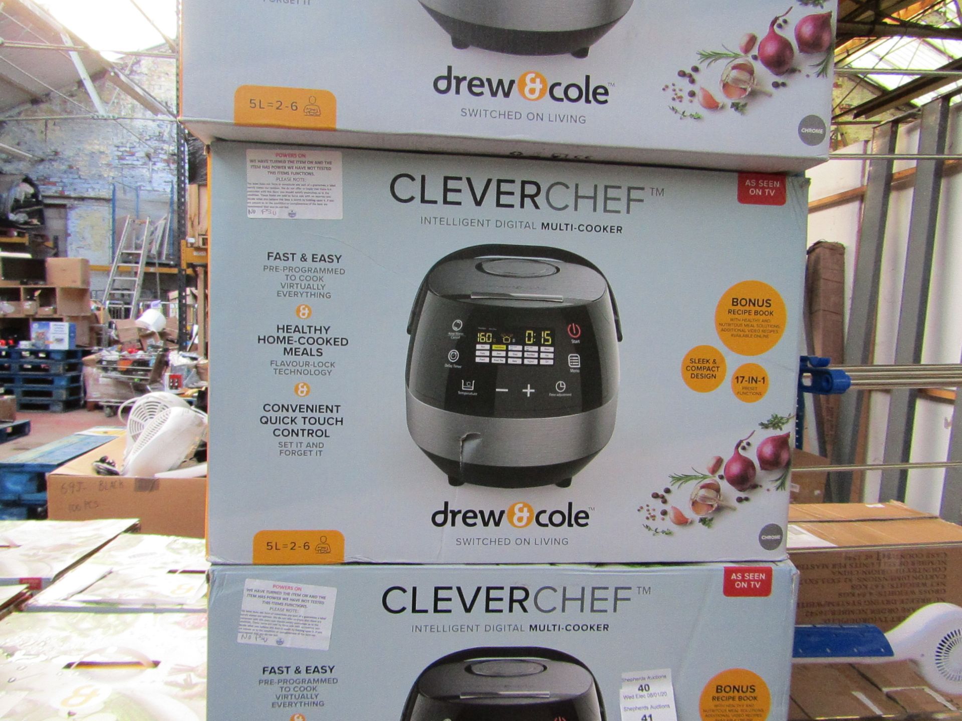 | 1x | Drew and Cole CleverChef | powers on, boxed and unchecked for accessories but is missing 3-